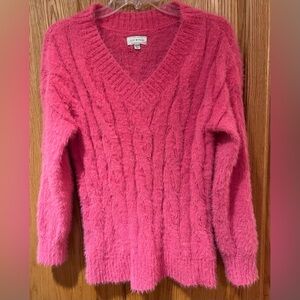 Lucky Brand Plush Fuzzy Cable Knit V-Neck Pullover Sweater in Hot Pink Size‎ XS